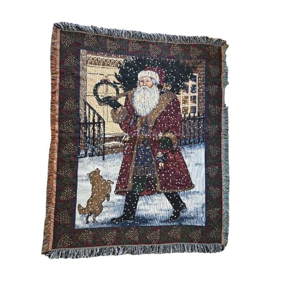 Vintage Other - Vintage Chatham Santa Claus Woven Throw Blanket  With Fringe Christmas Decor 100